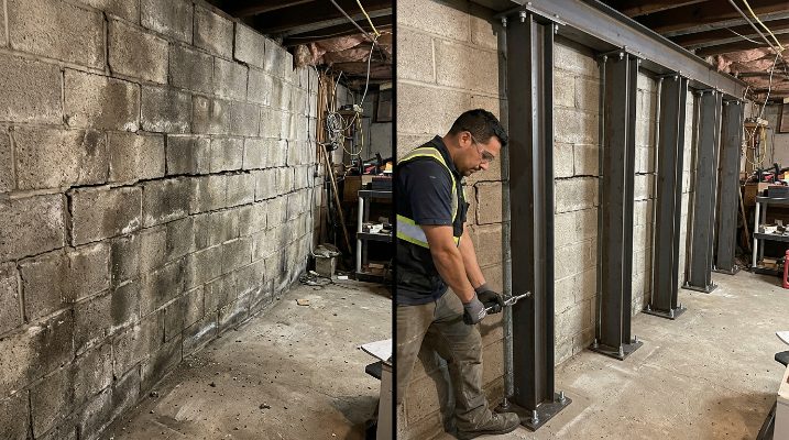 Bowing & Cracked Wall Repair before and after — Cary, NC